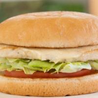 Grilled Chicken Burger With Cheese · 100% All-Natural Ground Chicken Breast,. Swiss Cheese, Lettuce, Pickles, Tomato, Mayo