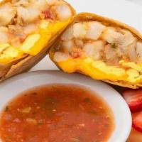 Breakfast Burrito · Scrambled eggs, potatoes, cilantro, serrano pepper, Cheddar, and sauce in a tomato herb tort...