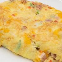 Western Cheddar Omelette · Diced ham, sauteed green pepper, pimento, onion, and aged Cheddar. With signature French rol...