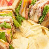 Club Deluxe Sandwich · Turkey or ham with bacon, Cheddar, Swiss cheese, fresh lettuce, tomato, and grilled bread