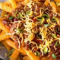 Chili Cheese Fries · French fries, chili, cheese sauce, cheddar cheese, sour cream, jalapeno, red onions, scallions
