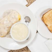 Biscuit & Gravy · Famous for this! Three-egg omelet stuffed with a biscuit Monterey Jack and cheddar cheese an...