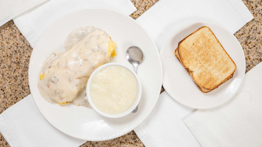 Biscuit & Gravy · Famous for this! Three-egg omelet stuffed with a biscuit Monterey Jack and cheddar cheese and smothered in our sausage gravy.