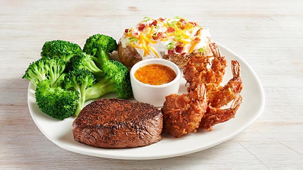 Sirloin & Coconut Shrimp · Our signature center-cut sirloin with Gold Coast Coconut Shrimp. Served with two freshly made sides.