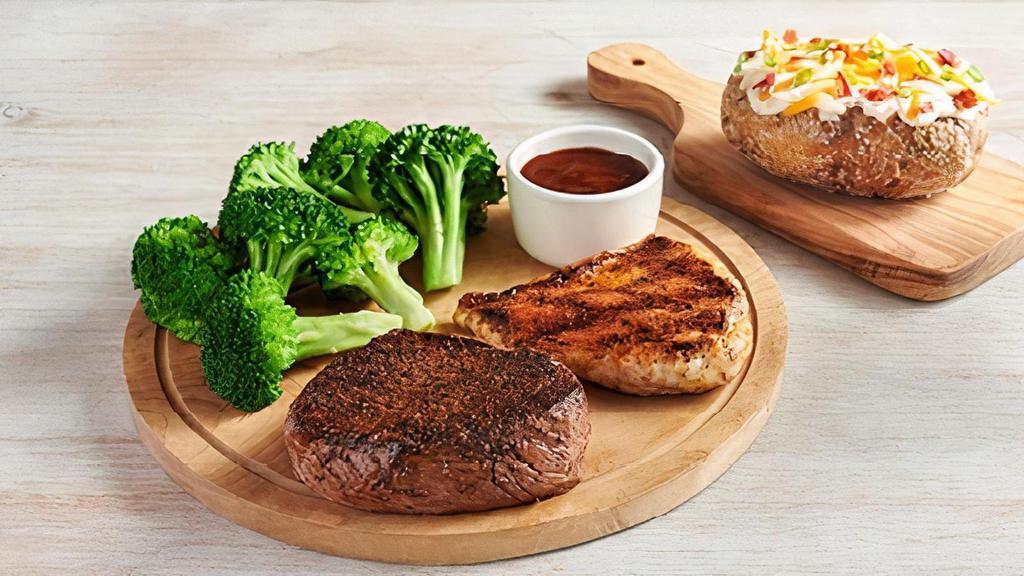 Sirloin & Grilled Chicken · Our signature center-cut sirloin with 6 oz. Grilled Chicken on the Barbie. Served with two freshly made sides.