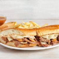 Prime Rib Sandwich · Tender slow-roasted prime rib, grilled onions and mushrooms, Provolone cheese, and our spicy...
