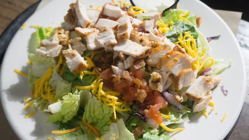 Smokehouse Salad · Iceberg and romaine lettuce topped with tomato, onion, bacon, cheese, crispy tortilla strips, and smoked chicken breast. Served with dressing on the side.