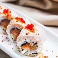 What A Roll · Spicy. Salmon, cucumber, flying fish roe and spicy tuna topped with seared yellowtail and ga...