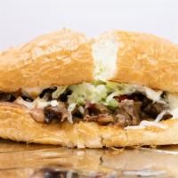 Torta & Fries · Your choice of meat on toasted French bread with mayo, refried beans, lettuce, tomato, and g...