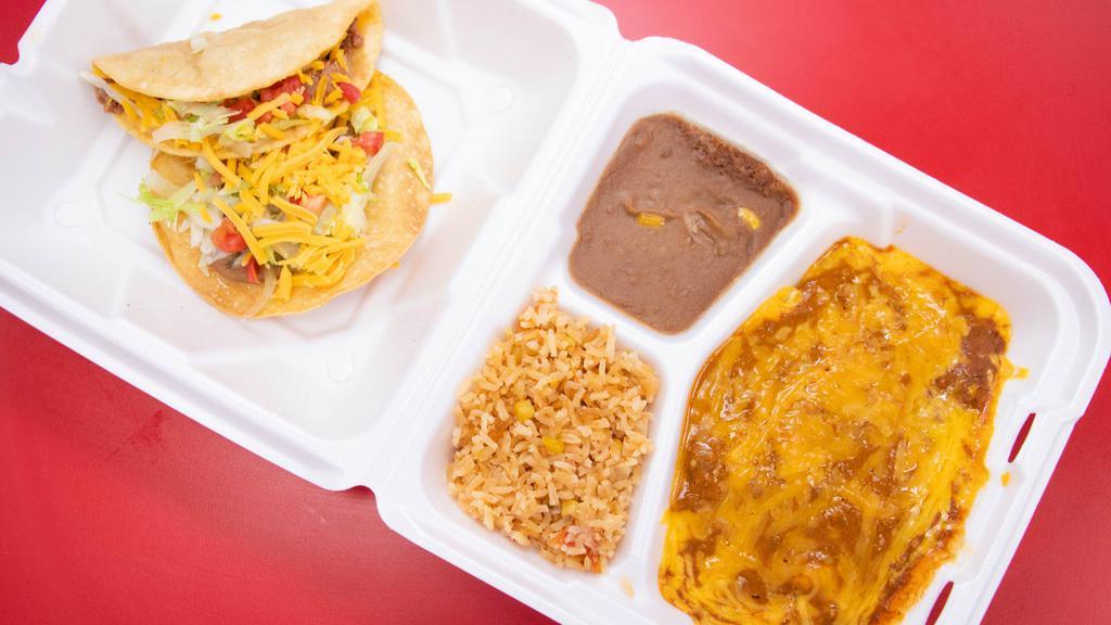 Combination Plate · One crispy taco, one tostado, one cheese enchilada. Served with Mexican rice and refried beans.