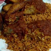 Jollof Rice/Goat Or Beef Or Fish · Steamed rice cooked in blended tomato, onion, red pepper spices and seasoning.