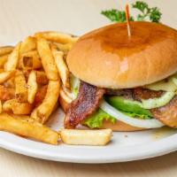 Bacon Avocado Burger · Includes lettuce, tomato, onion, pickles, avocado slices, pepper jack cheese & avocado ranch.