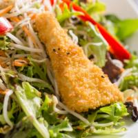 Tofu And Veggies · Mixed greens, fresh bean sprouts and glass noodles topped with crispy marinated organic tofu...