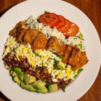 Cobb Salad · Mixed Greens - Fried Chicken - Blue Cheese Crumbles - Tomato - Black Pepper Bacon - Avocado ...