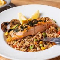 Herb Grilled Atlantic Salmon · Roasted vegetable succotash with quinoa and brown rice pilaf