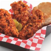 Nashville Hot Tenders · Three crispy fried chicken tenders seasoned with our nashville hot spice blend and topped wi...