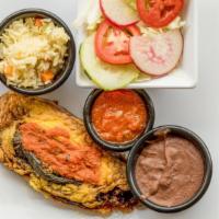 Chiles Rellenos · Served with rice, bean, salad, and two tortillas.