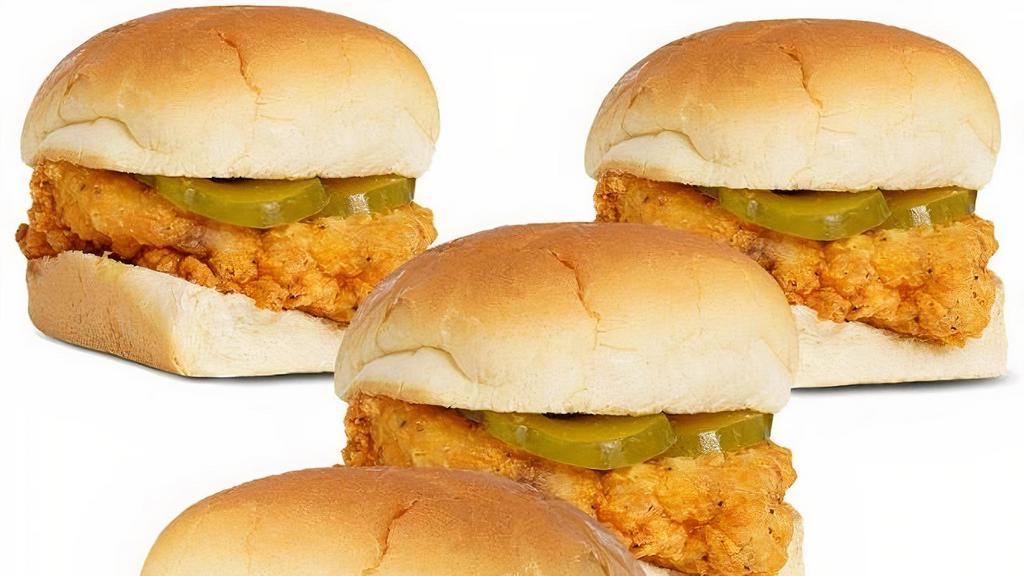 4 Pack Minis · Our 4 pack of minis includes a piece of crispy chicken flavored with your favorite sauce, topped with pickles inside of a garlic buttered slider bun.