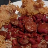 Red Beans & Rice · Cajun Style Red Beans & Rice over White Rice with hot baked fresh corn bread.