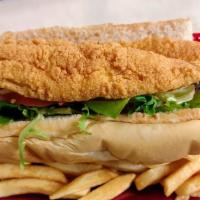 Fried Catfish Poboy · Fried Catfish in a French Roll with Lettuce & Tomato