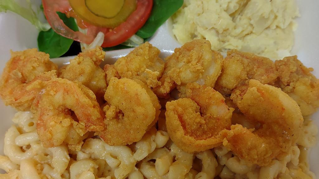 Fried Jumbo Shrimp Platter · Crispy Butterfly Fried Shrimp, Mac & Cheese, Potato Salad