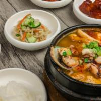 Seafood Soon Tofu Jji-Gae/순두부찌개 · Spicy soft tofu stew with seafood and vegetable. (add egg for an additional cost. ).
