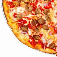 Uncle Louie · spicy red sauce, spicy sausage, roasted red pepper, onion, garlic, mozzarella, fresh basil