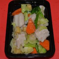 Fish Vegetable · White fish chunk stir fried with cabbage, broccoli, water chestnut and carrot in a fragrant ...