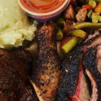 3 Meat Plate · Our Texas prime 3 meat plate, served with 2 sides *all plates served with our fresh pickled ...