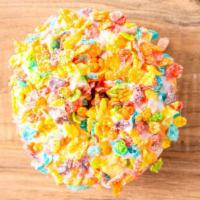 Cereal Iously · Yeast donut with icing and fruity pebbles.