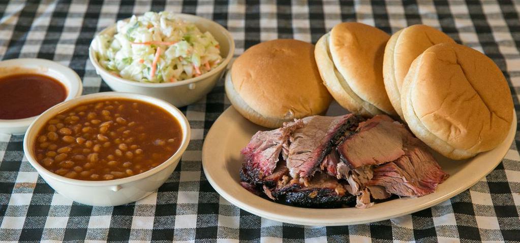 Family Pack · Feeds 3-4. Includes 1 lb of meat, BBQ sauce, 2 pints of sides & 4 buns or Texas toast.