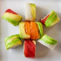 Rainbow Roll · California roll on top tuna, salmon, whole fish, avocado.