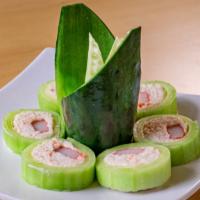 Snow Crab Naruto · Snow crab meat, crab stick inside cucumber wrap, japanese sweet cream sacue.