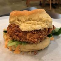 Winger · Crispy chicken breast on biscuit with buffalo honey mustard sauce, lettuce, pickles.