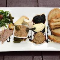 Charcuterie Board  · A selection of house cured meats artisan cheeses , pickles , preserves, and grilled sourdough