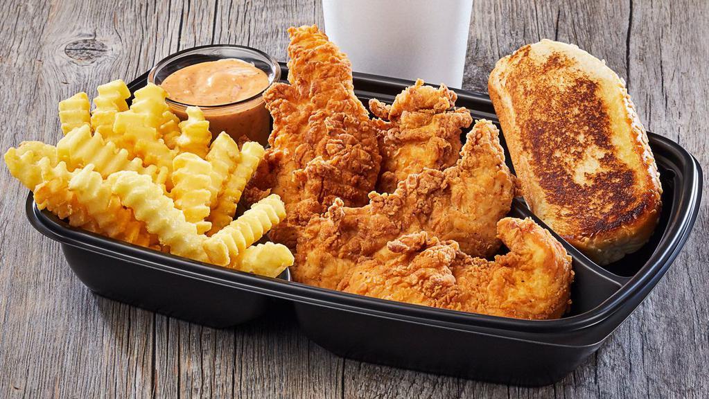 Tender Meal Choices · Served with crinkle cut fries, a regular fountain drink, fresh coleslaw, tender toast and our homemade ComeBack Sauce.  Shown with Four (4) juicy Chicken Tenders.
