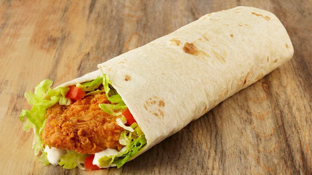 Hand-Breaded Crispy Chicken Wrap · Crispy tender chicken breast with fresh lettuce, diced tomatoes and homemade ranch dressing. Wrapped in your choice of flour or spinach tortilla.