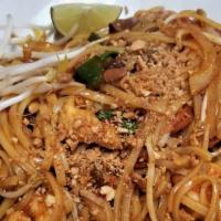 Pad Thai Shrimp · Soft rice noodles stir fry with spicy pad Thai souce with shrimp,  top with crush peanuts  a...