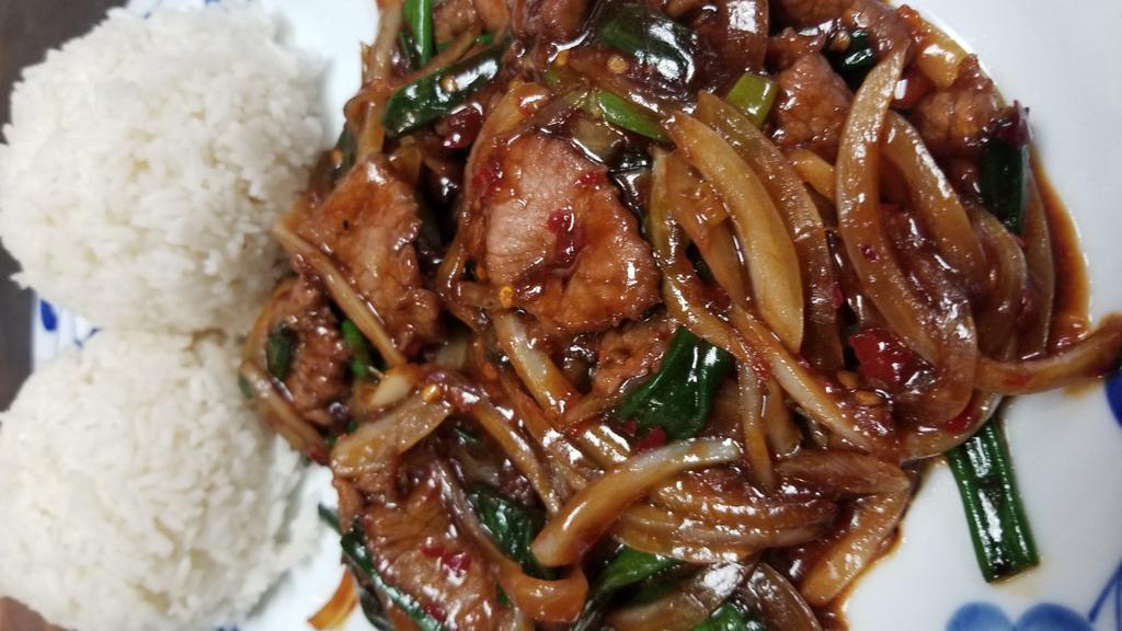 Mongolian Beef · Spicy. Sauteed with green onion in hoisin brown sauce.