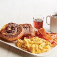 Cinnamon Roll French Toast · cinnamon roll dipped in sweet batter served with vanilla maple syrup and powdered sugar (cal...