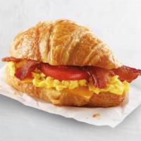 Commuter Croissant · scrambled eggs, smoked bacon, cheddar & tomatoes on a flaky croissant