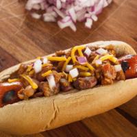 Texas Style Coney Island Dog · Our house made chili loaded on a juicy dog, with shredded cheese, crispy bacon, onions and m...