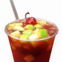 Peach Chamoy Margarita · Peach flavor combined with peaches, tequila with tasty toppings and chamoy/ Lucas.