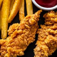 Chicken Tenders · Two strips with fries.