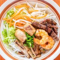 Vermicelli With Grilled Beef, Chicken, Shrimp And Egg Rolls · 