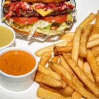 Trompo Burger & Fries · Burger With Beef Patty & Trompo Meat, American Cheese, Mozzarella Cheese, Lettuce, Tomatoes ...