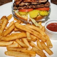 Bacon Double Cheeseburger & Fries · Cheeseburger With Double Meat and Bacon Served With Fries.