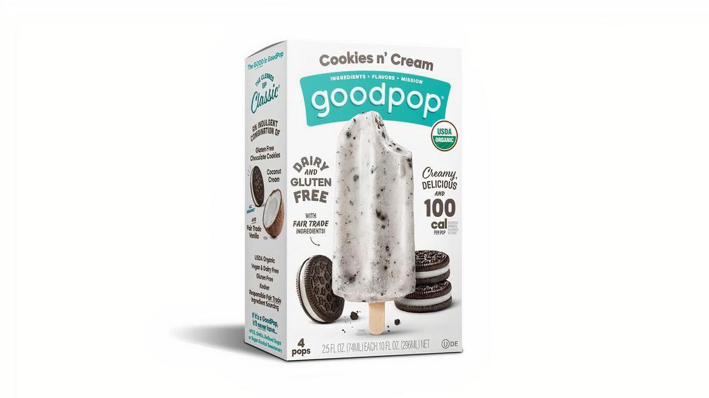 Goodpop Cookies N' Cream Popsicle (2.5 Oz X 4-Pack) · Cookies n' Cream is a delectable blend of coconut cream and crunchy, gluten free chocolate cookies with a touch of vanilla. This dairy free pop is a creamy and delicious treat that doesn’t sacrifice on indulgence!