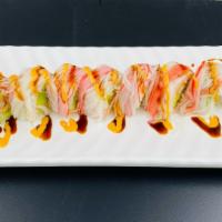 Shaggy Dog Roll · Popular. Shrimp tempura, avocado inside with soy paper, topped with kani and special sauce.
