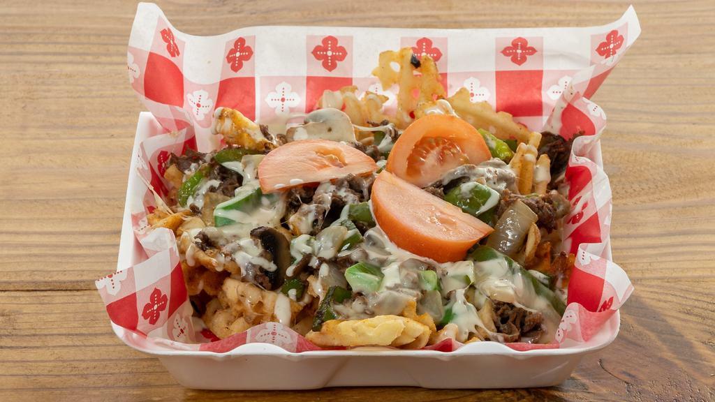Waffle Fry Bowl · A large portion of waffles fries topped with your choice of BBQ Beef, Buffalo Chicken, Nacho Taco, Philly Cheese Steak, Philly Chicken Cheese, or Philly Veggie Cheese